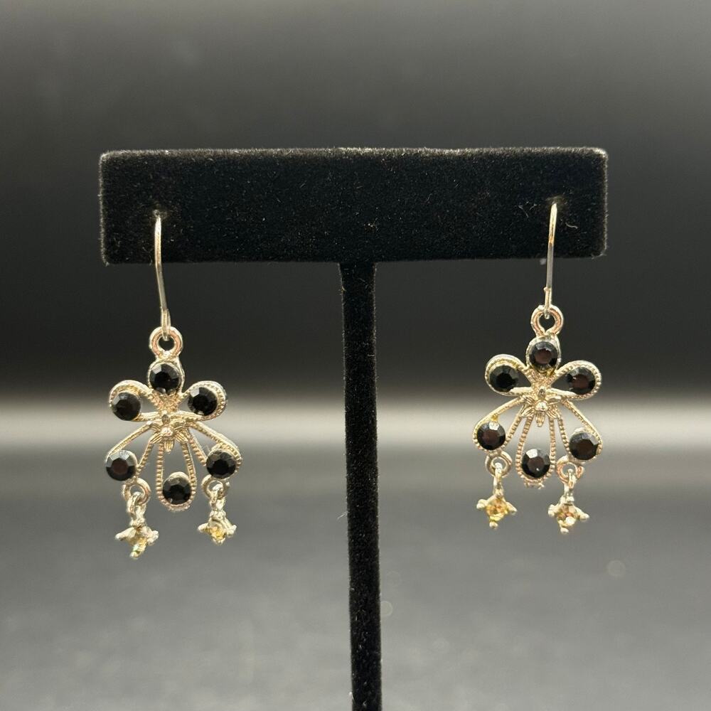 Vintage Black Beaded Filigree Earrings Silver Tone Dangle
